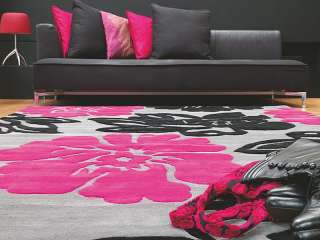 CHEAP MODERN WOOL RUG Grey Black Pink Flowers 90x150  