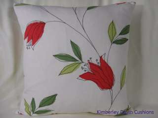 Large 18 x 18 Red Tulip Floral Lime Green Leaf Fabric Pillow CUSHION 