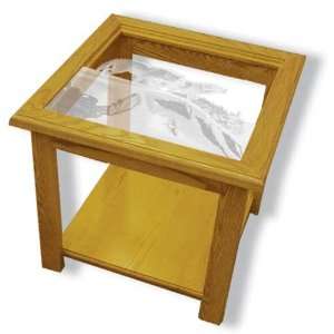  Oak Glass Top End Table With Wolf Etched Glass   Wolf End Table 