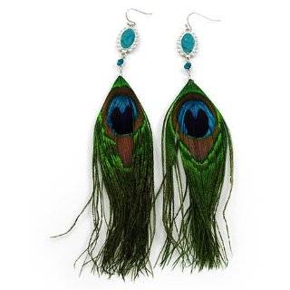 Peacock Feather and Crystal Chain Dangle Earrings Fashion Jewelry 