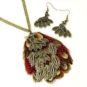 Goldtone Peacock Feather Necklace and Earrings Set Fashion 
