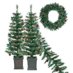 Potted (2) 3.5 ft. Pre Lit Tree Pre Lit Garland and UnLit 24in. Wreath 