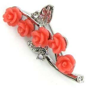 45mm rhinestone coral carved rose flower pin brooch pink  
