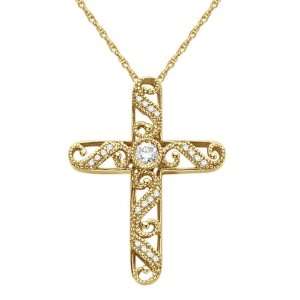  Filigree Diamond Cross Necklace Vintage Style 14k Yellow Gold 