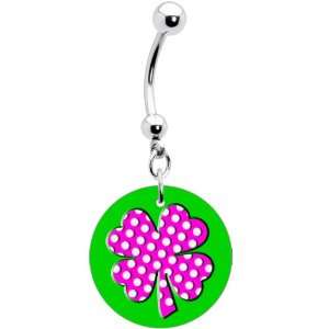 Pink White Polka Dot Four Leaf Clover Belly Ring Jewelry