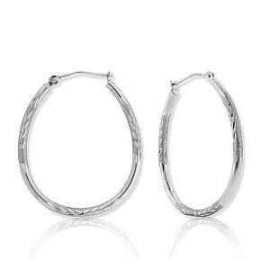  14k White Gold Carved Oval Hoop Earrings Jewelry