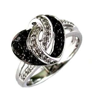   14K White Gold Diamond and Black Diamond Heart Ring Grande Jewelry