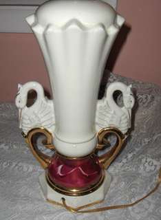   Lamp Ruby Roses Swan Handles Gold Accents Worrall Signed 1940s  