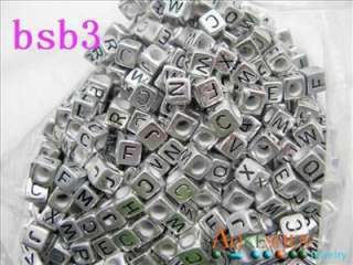 Wholesale Silver tone Cube Acrylic Plastic Alphabet Letter Loose Bead 
