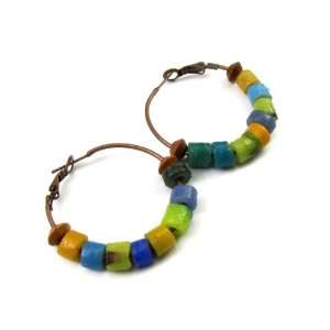 African Multi Color Sand Cast Bead Hoop Earrings Accented with Bicone 