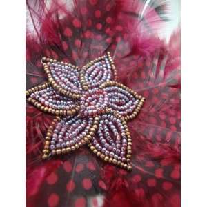    Burgundy Feather Beaded Clip and Pin Brooch 