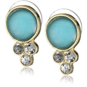 Anne Klein Gold Tone Teal and Crystal Post Button Earrings