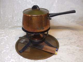 Vintage Hammered Copper Fondue 10 Pc.Set,Pot&Lid,Rod Iron Stand,Warmer 