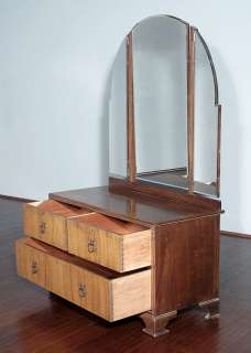 Antique Art Deco Burl Walnut Tri Fold Mirror Dresser  
