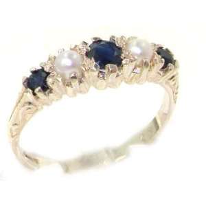 Antique Style Solid Sterling Silver Natural Sapphire & Pearl Ring with 