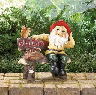Garden Gnome on Bench Welcome Sign Yard Statue Outdoor  