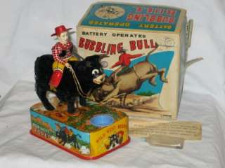   Tin Litho Wild West Rodeo Bubbling Bull Battery Operated T26  