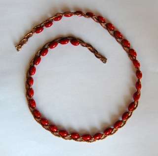   STOCK VINTAGE RED GLASS BEAD & COPPER CHAIN BRAIDED NECKLACE STRAND