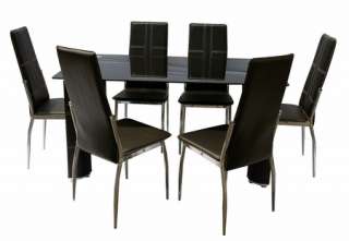 Contemporary Tempered Glass Dining Table Black Vinyl Leather Chairs 