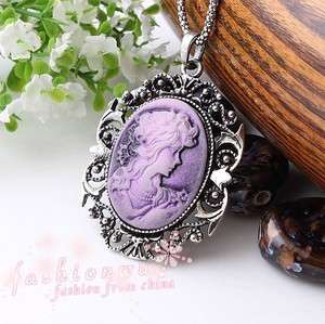 New Style Chiffon Pretty Purple Lady Oval Cameo Necklace  