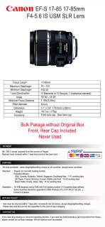 Canon EF S 17 85 17 85mm F4 5.6 IS USM SLR Lens 049368442183  