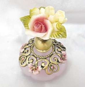 NEW Hand Blown Glass Perfume Bottle Yellow and Pink Porcelain Flower 
