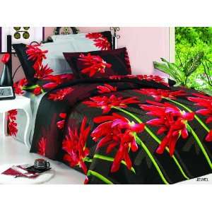   Fitted Sheets 6 Piece Duvet Cover Bedding Set, Red Canna Lily, Black