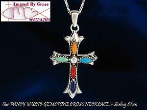   Sterling Silver Turquoise, Lapis, Coral Cross Pendant w/Flared Ends