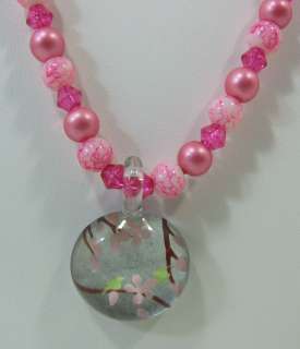 Custom Hand Made Necklace Small Pink Beads Round Painted Glass Pendant 