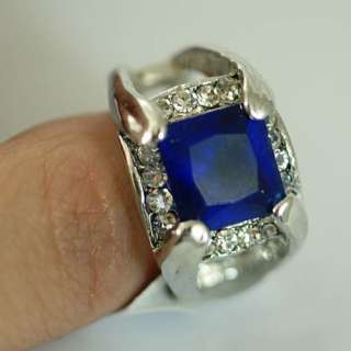   White GP Blue Square Sapphire Gemstone CZ Ring Fashion Jewelry  