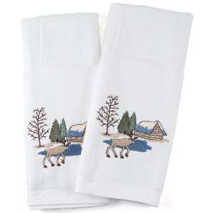  White Cotton Hand Towel With Embroidered Country Cabin 