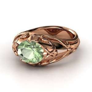    Hearts Crown Ring, Oval Green Amethyst 14K Rose Gold Ring Jewelry