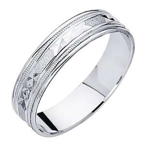 14K White Gold Satin Milgrain Diamond cut Wedding Band Ring for Men 