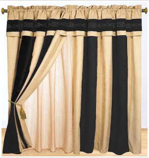   Micro Suede Embroidery Black and Tan Color Patchwork Curtain Set