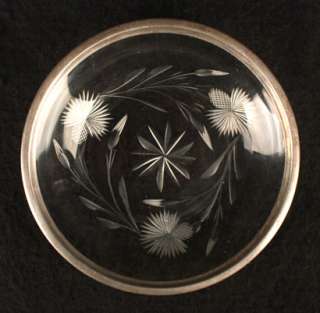 ANTIQUE WHEEL CUT GLASS CARD TRAY FLOWERS CRYSTAL W/ WHITING STERLING 