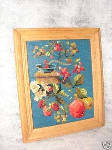 Completed Needlepoint Coffe Grinder Fruit Frame Picture  