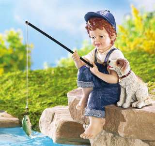   Little Boy Fishing With Dog Outdoor Garden Sculpture Statue  