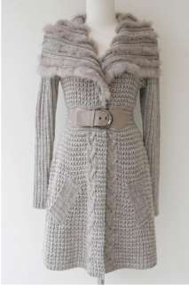 New woman Gray Wool blend rabbit fur Longer Sweater knit Jumper coat 