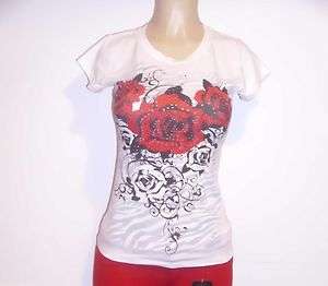 Red Graphic Rhinestone Ladies Rose T Shirt  