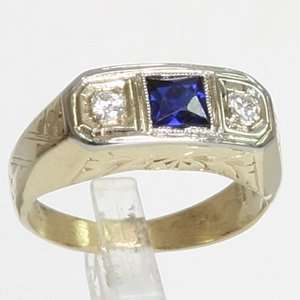   Gold Princess Cut Sapphire & Diamond Antique Estate Ring Jewelry