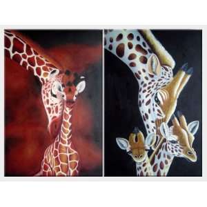  Giraffe Mother and Children Snuggle   2 Canvas Set Oil 