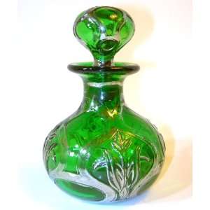  Vintage Green Glass Cruet Decanter with Silver Overlay 