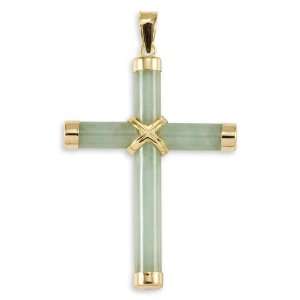    Solid 14k Gold Natural Light Green Jade Cross Pendant Jewelry
