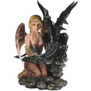  Angel Fairy Kneeling and Petting Black Dragon on Rocks Statue 