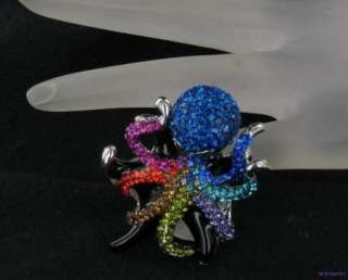 Large Fun Funky Multi Crystal OCTOPUS Cocktail Ring 8  