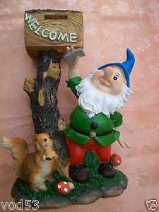   Blue Hat Garden Gnome Squirrel & Mailbox,Welcome Garden Statue  