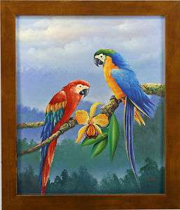 Macaw Parrot Couple Tree Branch Art FRAMED OIL PAINTING  