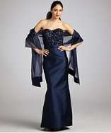 Theia midnight sequined strapless belted gown with shawl style 