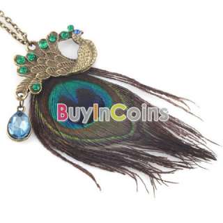   Unique Nice Gorgeous Blue Eyes Peacock Long Feather Necklace  