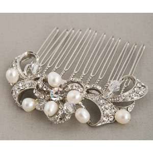   Antique Silver Rhinestone and Pearl Bridal Hair Comb 